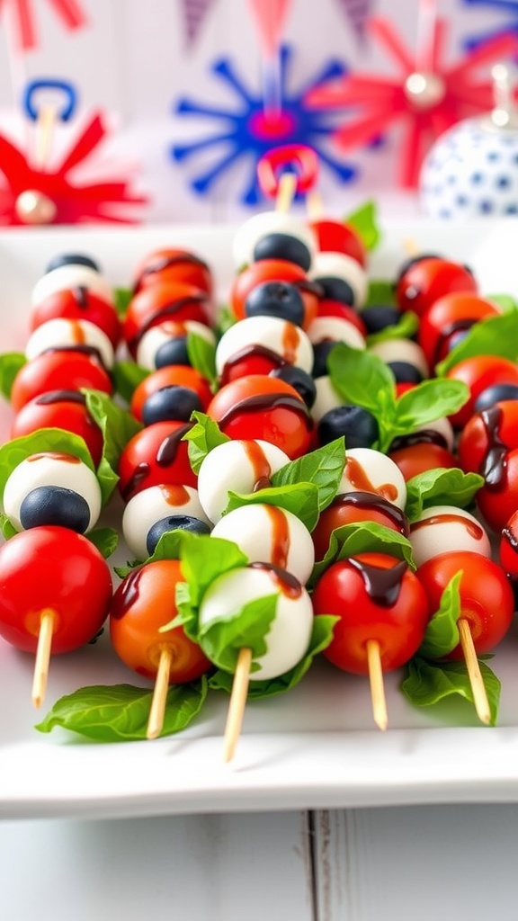 Colorful Caprese skewers with tomatoes, mozzarella, blueberries, and basil on a white platter for a summer appetizer.